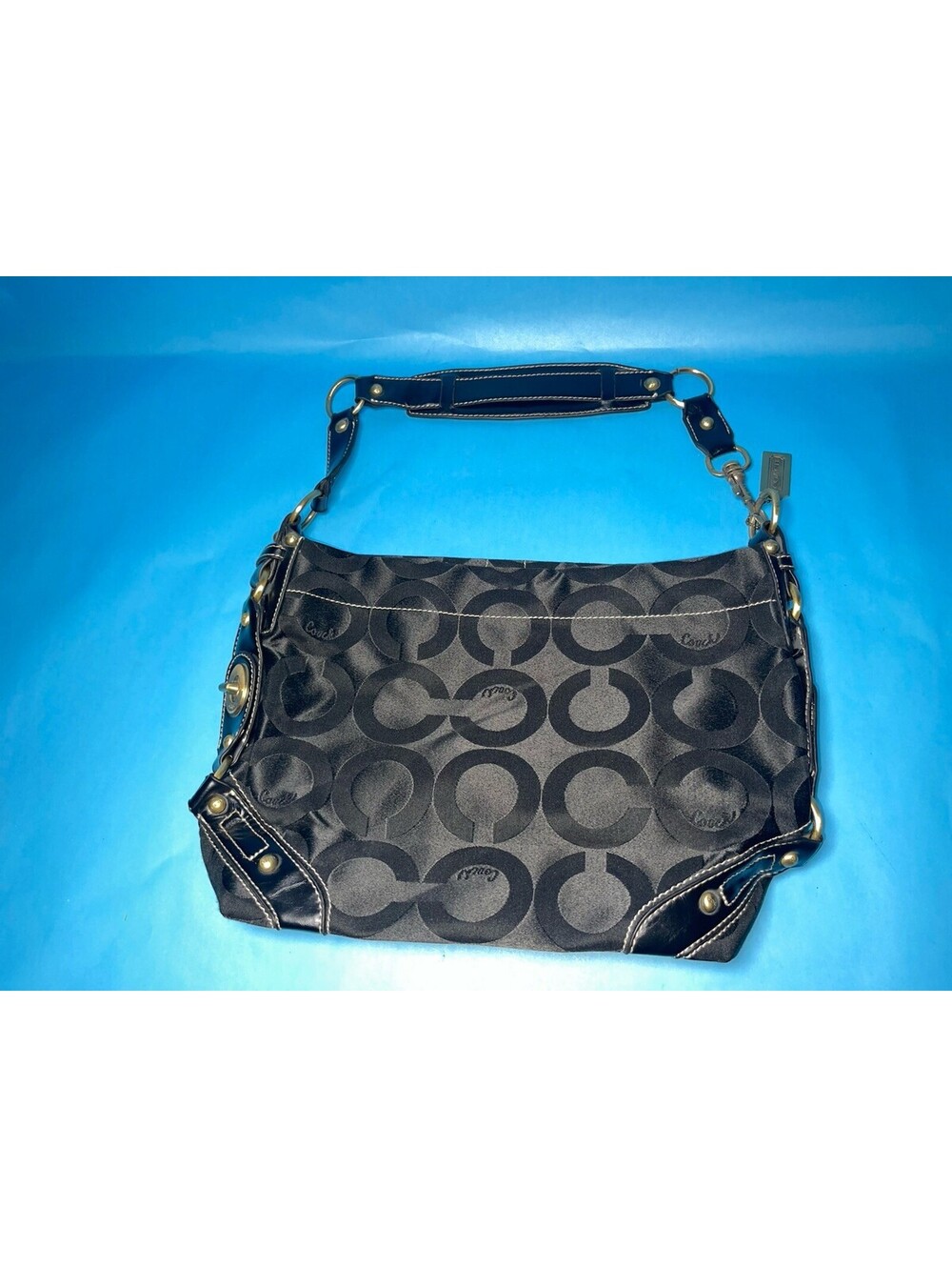 Coach Signature C Black Jacquard Shoulder Hobo Bag Leather Trim Brass Hardware